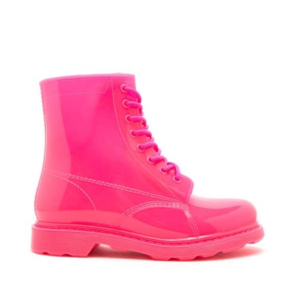 Shoe Affair Shoes - Neon Fuchsia Lace Up Combat Style Rain Boots